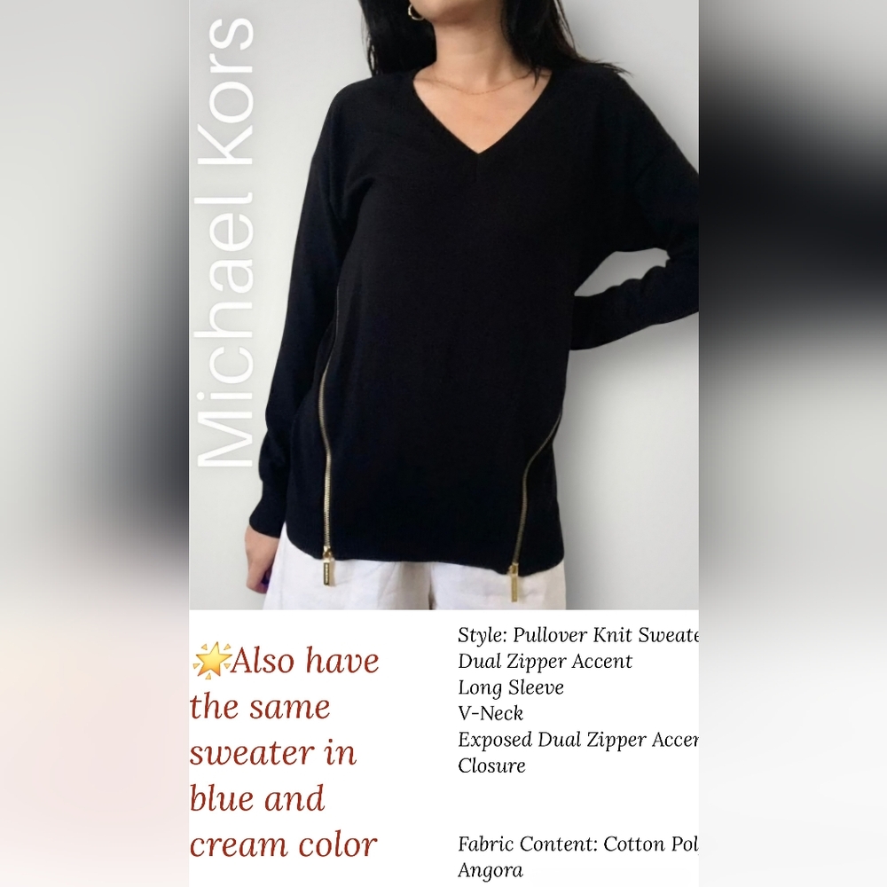 Michael Kors Cotton with Gold Zippers V-Neck Angora Sweater Top Pullover